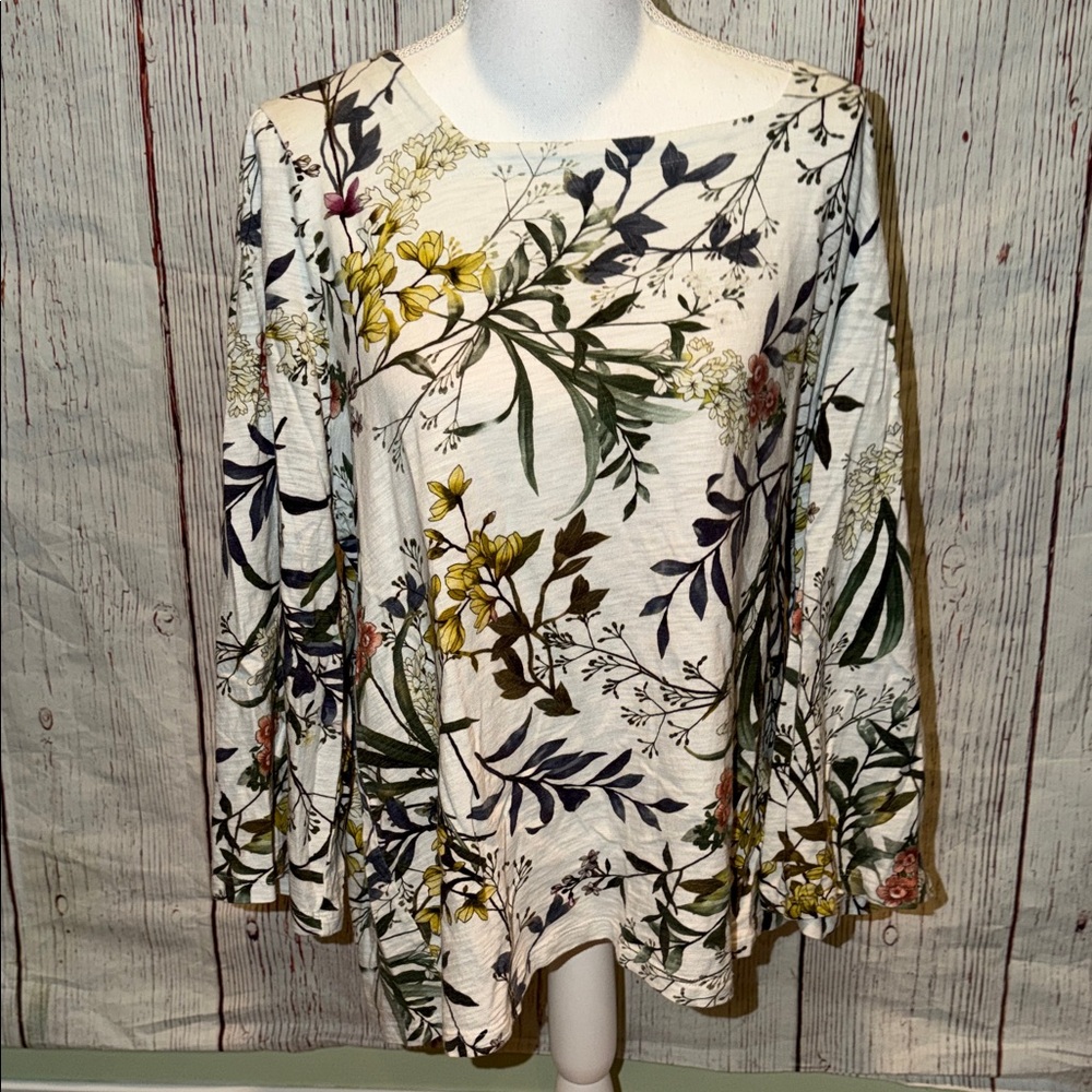 Chico's Floral Print Top - White, Green, Yellow